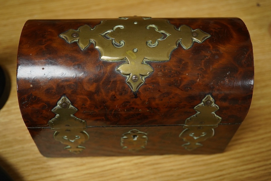 A yew wood domed box, an olivewood scent bottle box, a horn oval box and black circular mirror and two instruments, mirror 30cm diameter. Condition - fair to good